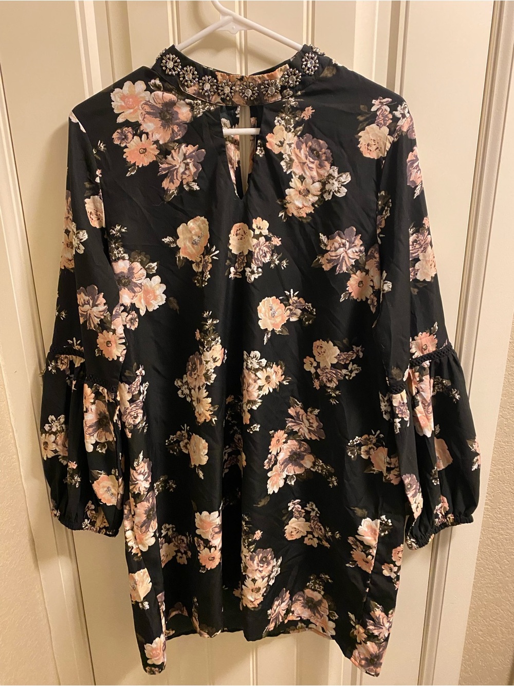 Live 4 Truth dress XL black pink floral long sleeve Jewel Bead Neckline Pretty!